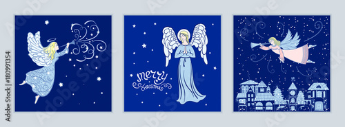 Set of Christmas cards with angels. Design for greeting cards, calendars, banners, posters, invitations. Vector illustration