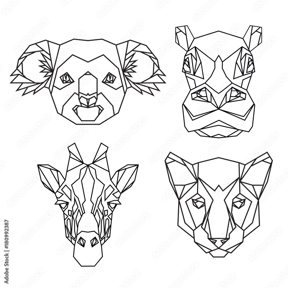 Geometric vector set of koala, hippo, puma, giraffe vector animal heads  drawn in line or triangle style, suitable for modern tattoo templates,  icons or logo elements. Stock Vector | Adobe Stock