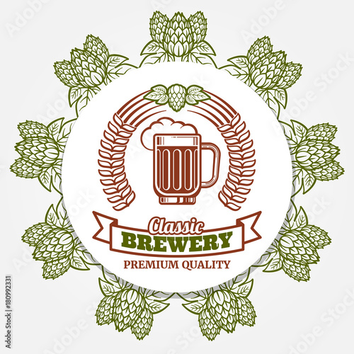Round beer banner with hops and beer label