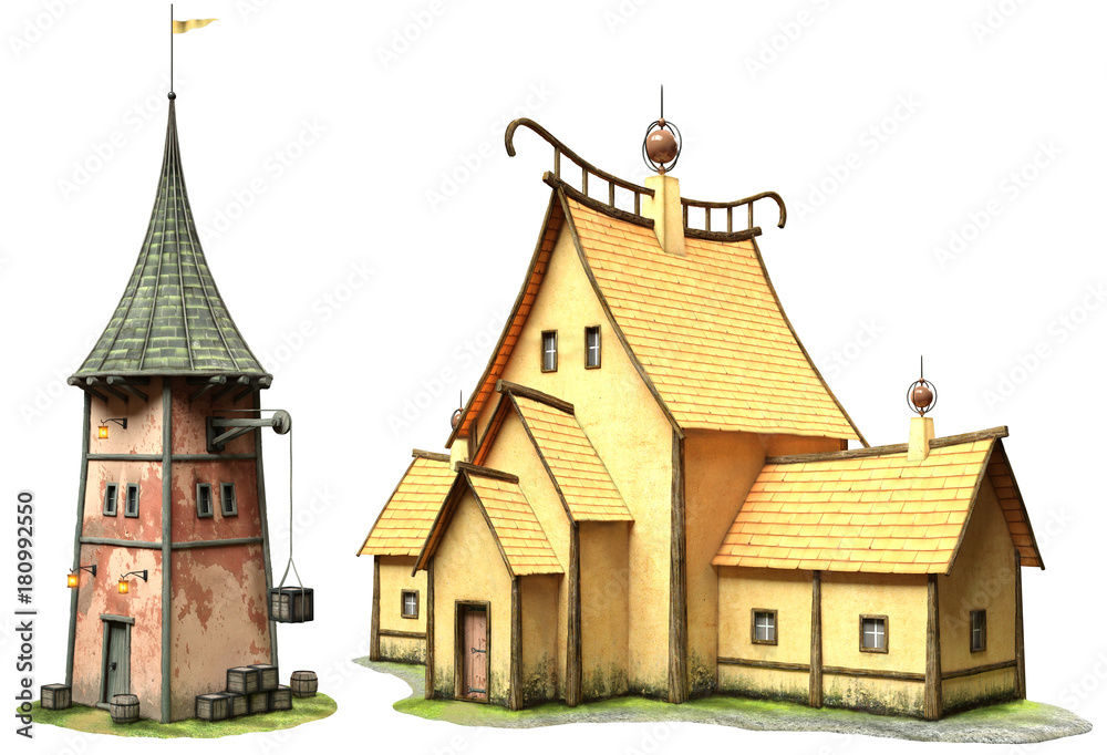 Two Fantasy buildings 3D illustration