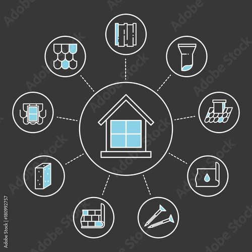 Roof, housetop construction materials thin line icons set