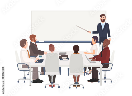Group of cartoon people dressed in smart clothing sit around table and listen to man with pointer making presentation at board. Corporate business training, whiteboard meeting. Vector illustration.