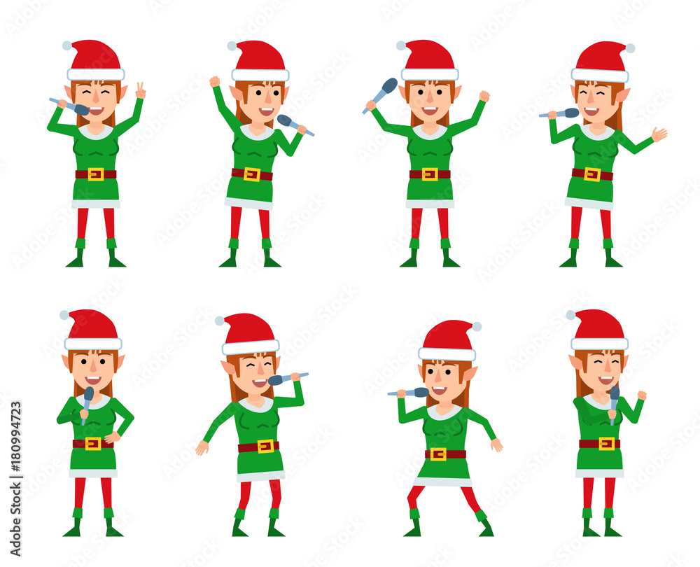 Set of female Christmas elf characters posing with microphone in different situations. Cheerful elf girl karaoke singing. Flat style vector illustration