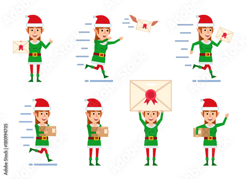 Set of female elf characters posing with letter and parcel box in different situations. Cheerful elf girl holding letter, package, running and showing other actions. Flat style vector illustration