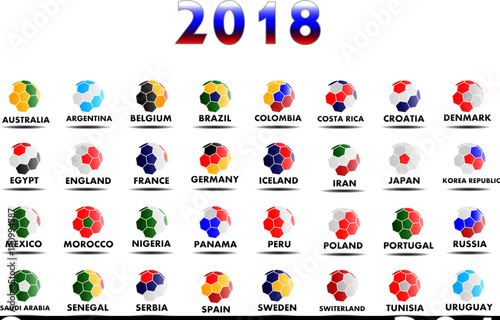 All the world football teams competing in tournaments in 2018. Abstract flag design for each country including Russia