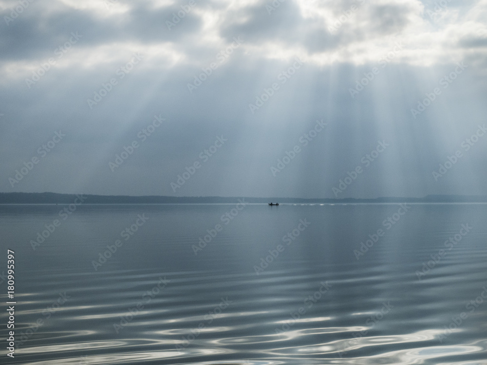 Oklahoma seascape, fishing boat on calm waters