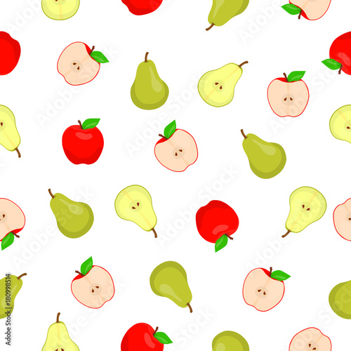 Vector Seamless pattern with pears and apples. Fruit pattern. Half of pear and apple and whole pear and apple