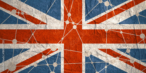 Flag of the Britain. Low poly concept triangular style. Molecule And Communication Background. Connected lines with dots.