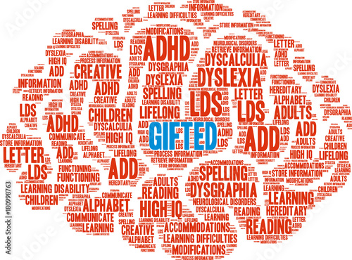 Gifted with Learning Difficulties Word Cloud on a white background. 