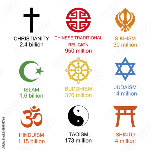 Vector illustration. World religious signs and symbols collection in colour with inscriptions and statistics of amoung number of adherents of religion