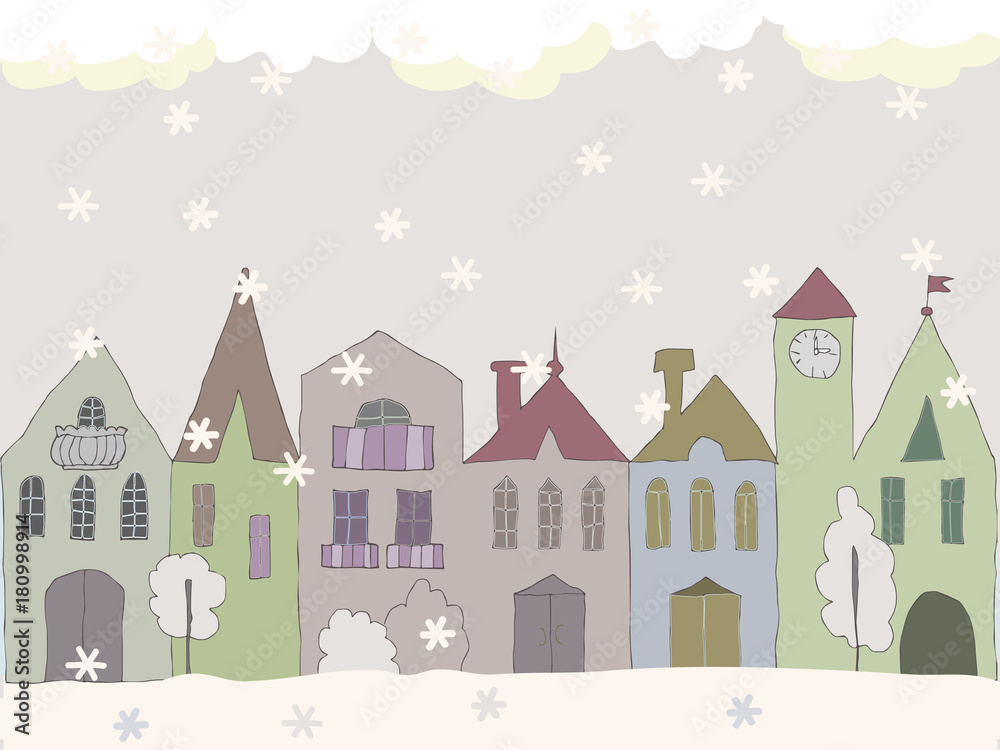 Winter town landscape. Christmas and Happy New Year card.