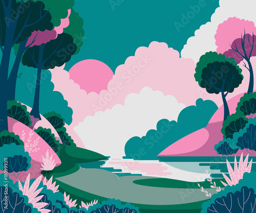 Fantasy landscape with sun, trees and river. Vector illustration