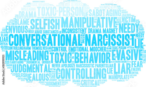 Conversational Narcissist Word Cloud on a white background. 