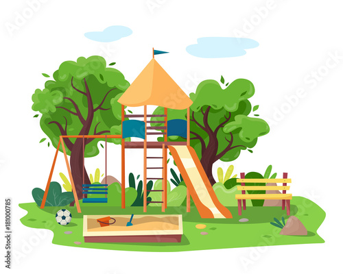 Kids playground in city park. Swings, sandbox, slide, tree and bench.