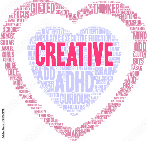 Creative ADHD Word Cloud on a white background. 