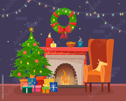 Chairs and table with cus of tea or coffee, cookies and pillow. Christmas fireplace with gifts, socks and candles.