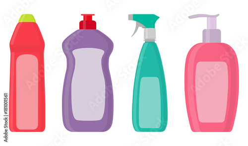 The bottles of detergent, washing powder, detergent powder, bottle of spray, a means for washing dishes. A simple illustration in the flat style, isolated on white background.