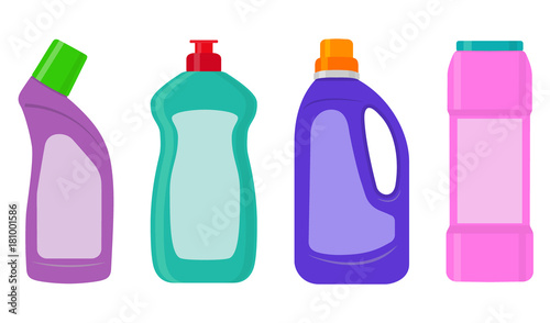 The bottles of detergent, washing powder, detergent powder, bottle of spray, a means for washing dishes. A simple illustration in the flat style, isolated on white background.