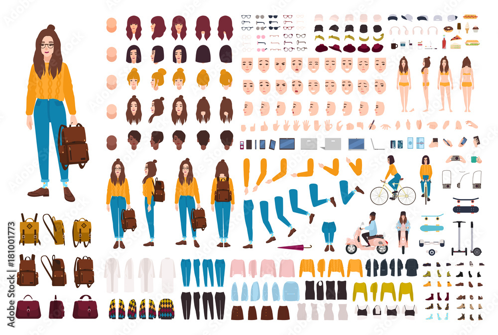 Hipster girl creation kit. Set of flat female cartoon character body parts, facial gestures, hairstyles, trendy clothing, stylish accessories isolated on white background. Vector illustration. Hipster girl creation kit. Set of flat female cartoon character body parts, facial gestures, hairstyles, trendy clothing, stylish accessories isolated on white background. Vector illustration.