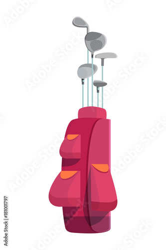 Various golf clubs in pink cart bag or case with pockets isolated on white ba...