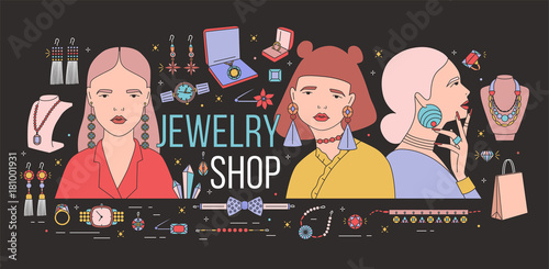 Horizontal banner with young elegant ladies wearing stylish massive earrings surrounded by fashionable jewelry on black background. Colorful vector illustration for shop or store advertisement.