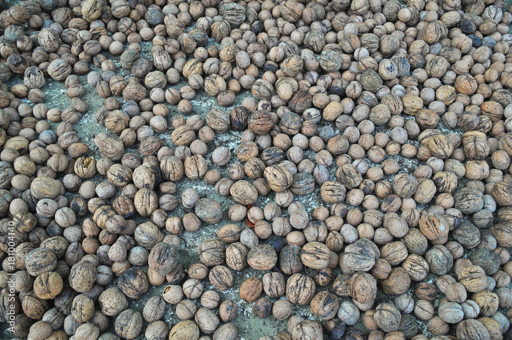 Abundance of walnuts on one pile, close up Abundance of walnuts on one pile, close up