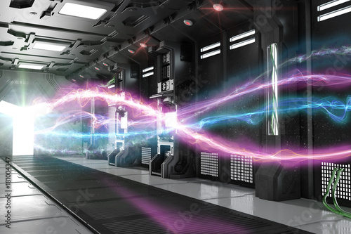 Helle Lichtstrahlen aus Energie im Sci-Fi Raumschiff