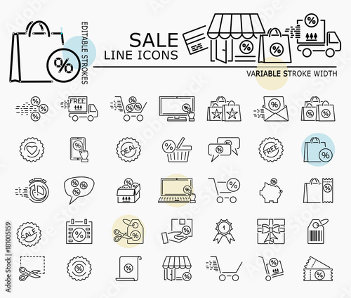 Sale line icons with minimal nodes and editable stroke width and style