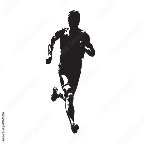 Running man, abstract vector isolated silhouette. Front view. Marathon runner