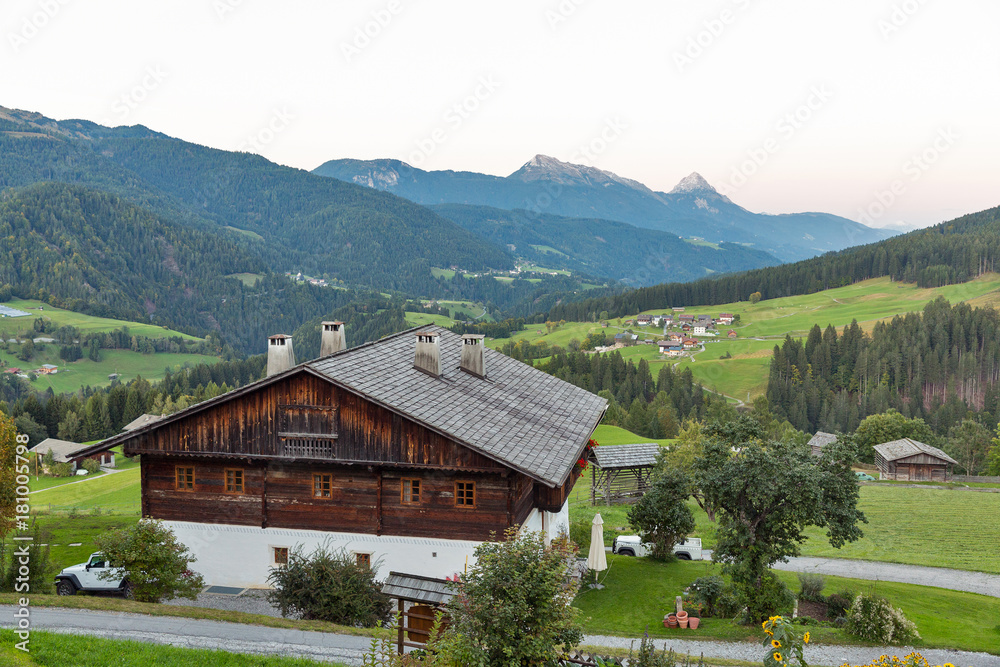 Western Carinthia Alpine village landscape at sunset, Austria.