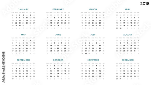 Calendar infographic, table chart, presentation chart. Business period concept. Task manager. Week, month. 2018 year. Time management. Organizer date diary. First day Sunday.