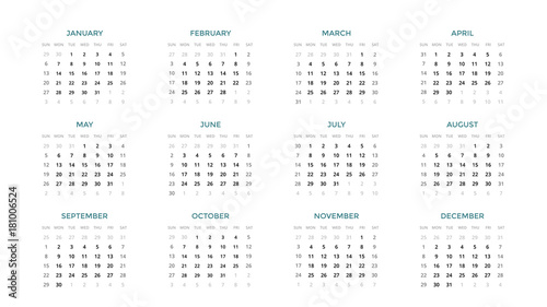 Calendar infographic, table chart, presentation chart. Business period concept. Task manager. Week, month. 2019 year. Time management. Organizer date diary. First day Sunday.