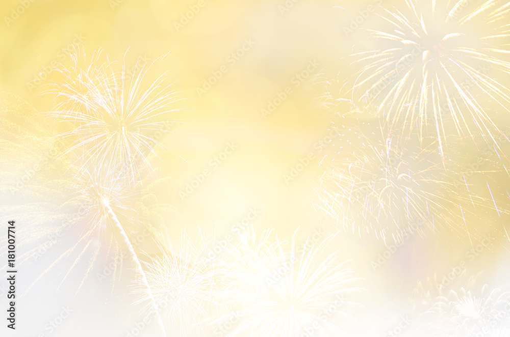 Soft gold yellow & white blur bokeh background with firework for text insertion, decoration or product display in Christmas season or 2018 new year celebration time Soft gold yellow & white blur bokeh background with firework for text insertion, decoration or product display in Christmas season or 2018 new year celebration time
