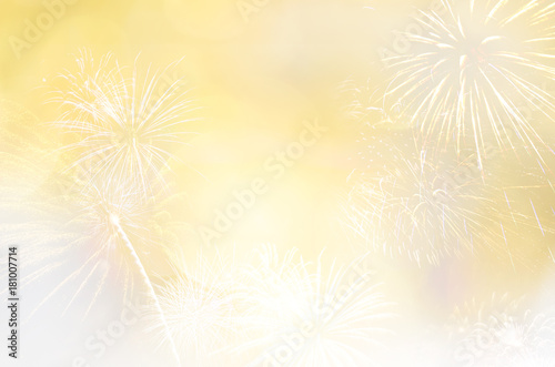 Soft gold yellow   white blur bokeh background with firework for text insertion  decoration or product display in Christmas season or 2018 new year celebration time
