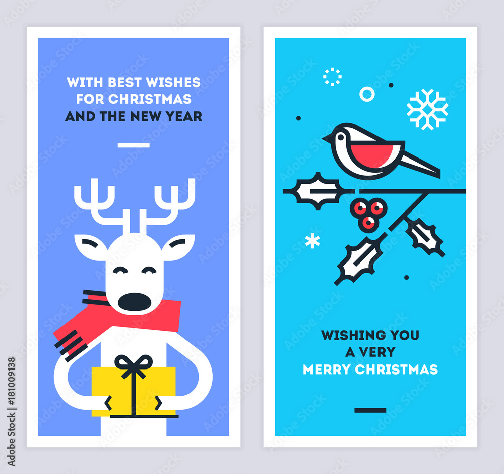 Christmas and New Year linear cards set with cute reindeer character giving a gift and bird sitting on a omela branch. Set of xmas thin line design templates for print or web. Vector illustration. Christmas and New Year linear cards set with cute reindeer character giving a gift and bird sitting on a omela branch. Set of xmas thin line design templates for print or web. Vector illustration.