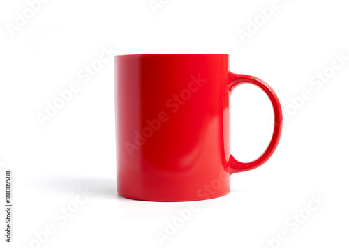 Closeup of red mug on a white background.