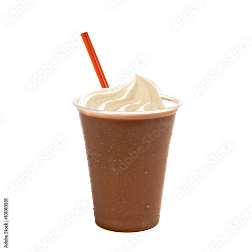  Chocolate milkshake with vanilla cream on white background