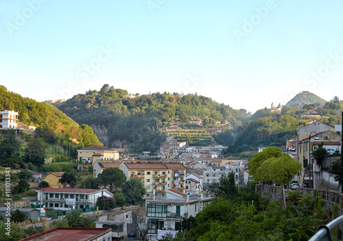 A small town in Lattari Mountains Regional Park in Italy during the sunrise