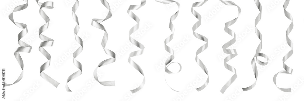 Silver satin ribbon scroll set isolated on white background with clipping path for Christmas and wedding card design decoration element Silver satin ribbon scroll set isolated on white background with clipping path for Christmas and wedding card design decoration element