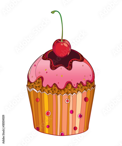 Vector outline cupcake with Cherry ripe berry isolated on white background. Drawing of cake with cherry fruit in contour style for summer and sweet food design or bakery.
