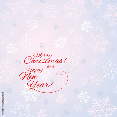 Winter background with snowflakes Text Happy New Year and Merry Christmas Celebration background Vector