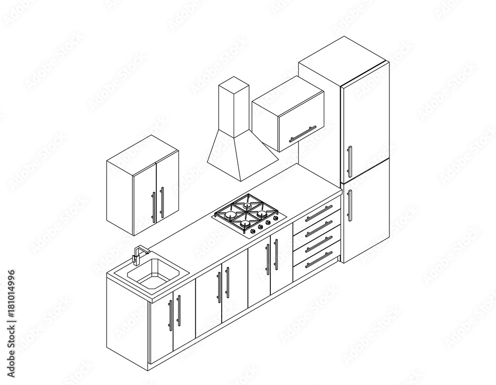 Kitchen room furniture on white background. Vector outline illustration. Kitchen room furniture on white background. Vector outline illustration.
