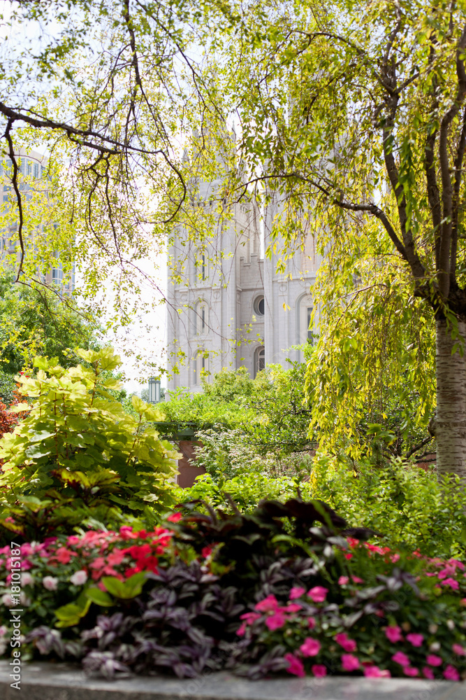Park gardens and Mormon temple spires, Salt Lake City, Utah, USA Park gardens and Mormon temple spires, Salt Lake City, Utah, USA