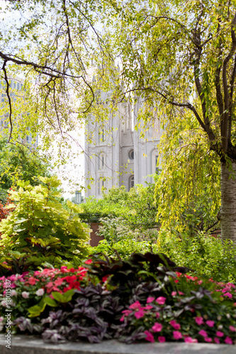 Park gardens and Mormon temple spires, Salt Lake City, Utah, USA photo