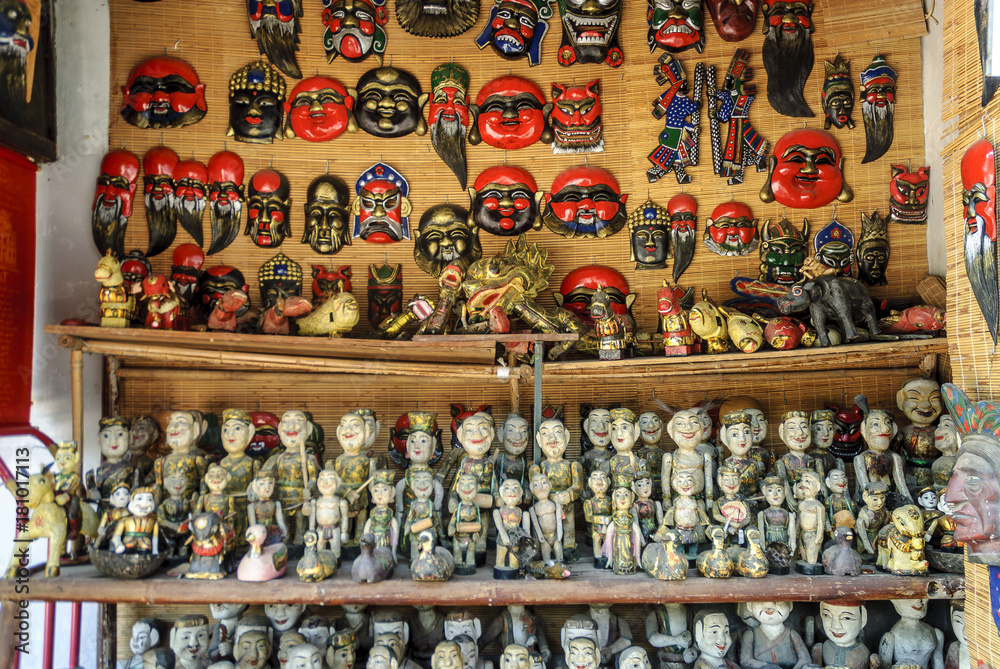 dolls and masks to the sale in the temple of the literature, ancient university, in Hanoi, Vietnam. dolls and masks to the sale in the temple of the literature, ancient university, in Hanoi, Vietnam.