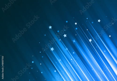 Soft Blue glitter sparkles rays lights bokeh and star festive elegant abstract background.