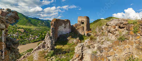 Fotografie, Obraz panoramic view of the fortress, Atskiri Fortress Ruins, Georgia, The fortress of Atskuri in the Borzhomi Gorge has not been preserved