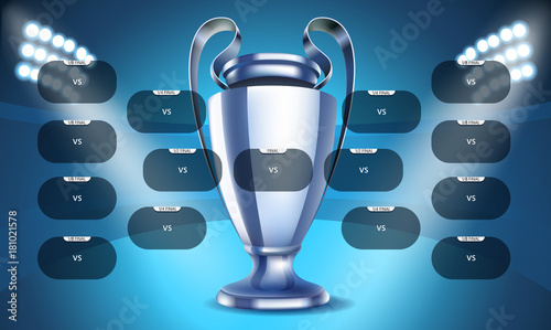 Football tournament scheme. Football infographic template. Shining silver cup with projectors