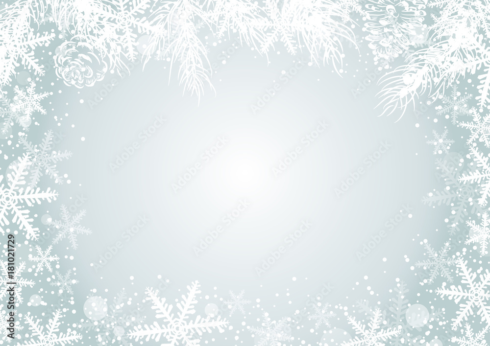 Christmas background concept design of white snowflake and pine leaves with copy space vector illustration