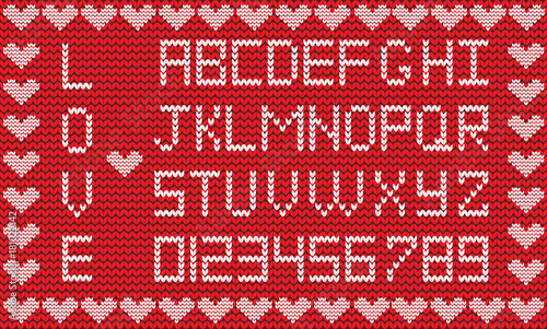 Love knitted alphabet with hearts border. White alphabet logos on red fabric background. Happy Valentine s Day, wedding design elements. Vector signs, symbols for design and text creation .
